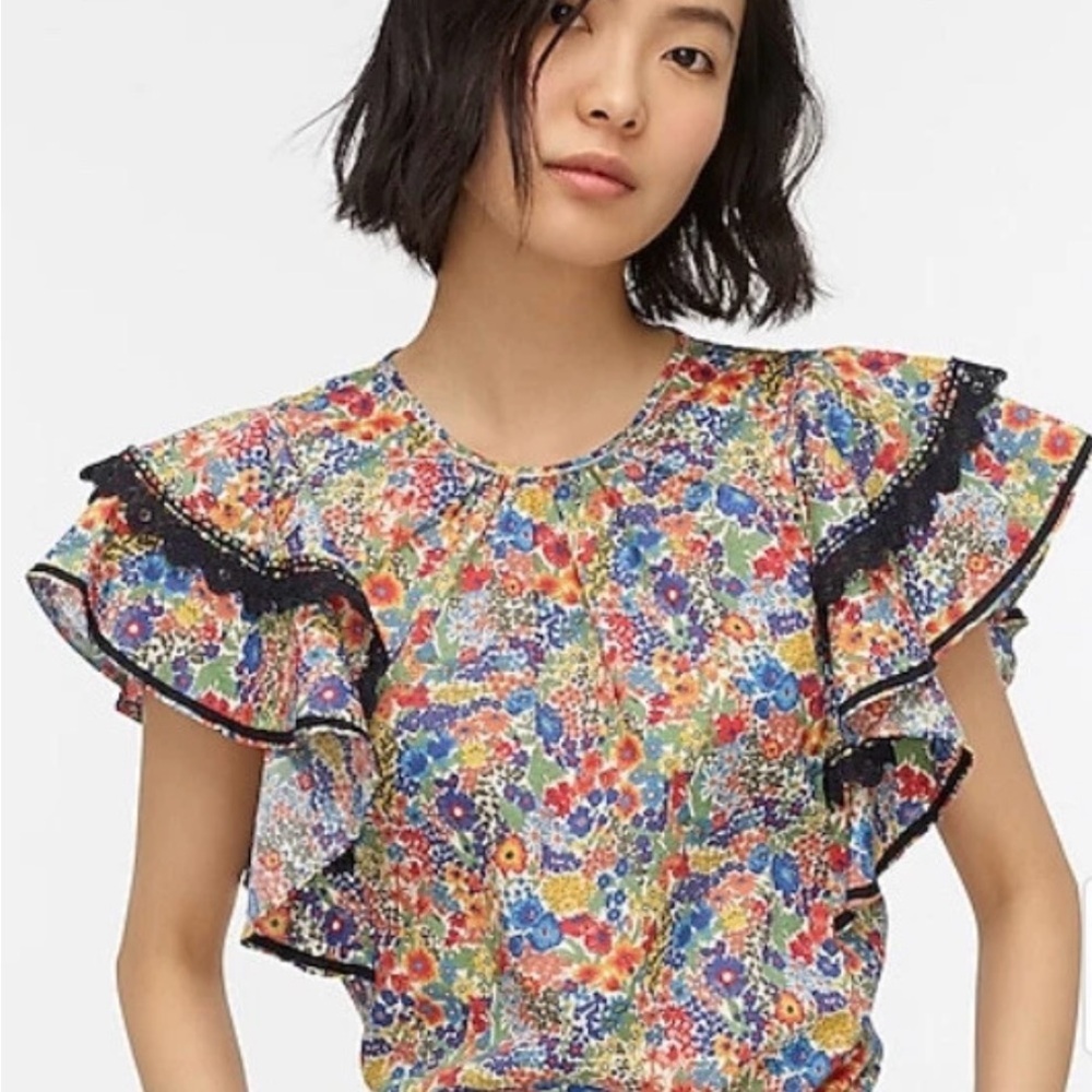 J.Crew Liberty Fabric Margaret Annie Poplin Floral Top Sz Small Ruffle Sleeve